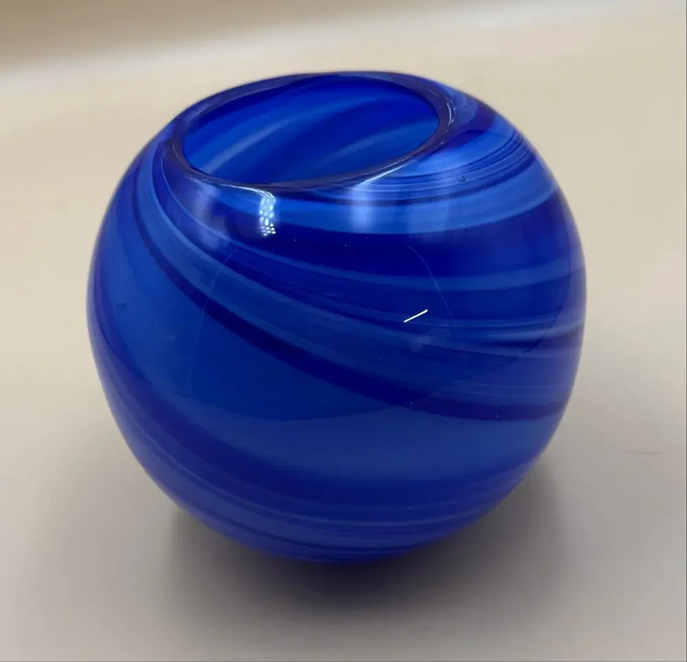 Hand Blown Cobalt Blue Swirl Art Glass Orb Vase Round Studio Glass 5.5”